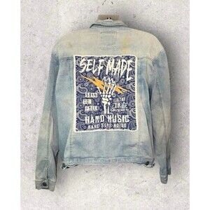 Spark Men’s 3XL Distressed Denim Streetwear Jacket Self Made Graphic Embroidery